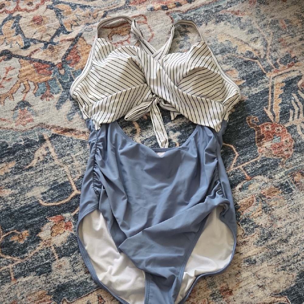 Striped and Blue One-Piece Swimsuit
